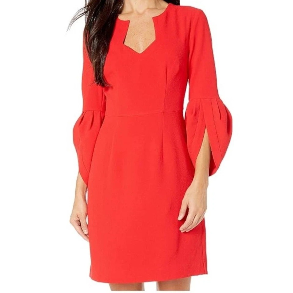 Trina Turk Covelo Dress Womens 14 Red Slit Puff Sleeve Party Holiday Wedding